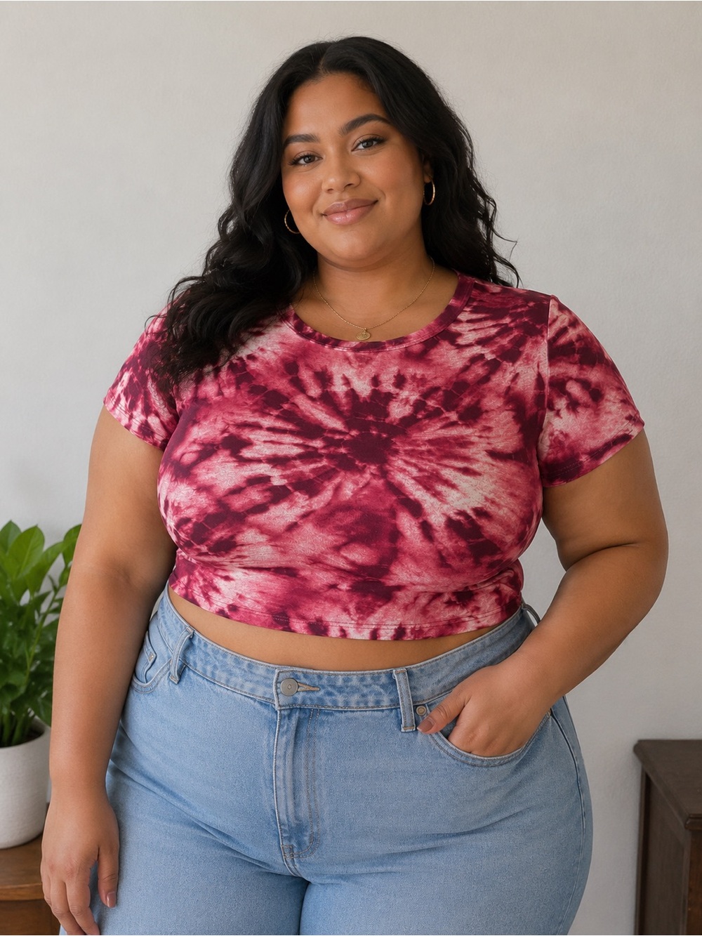 Tie-Dye Short Sleeve Crop Top - Burgundy